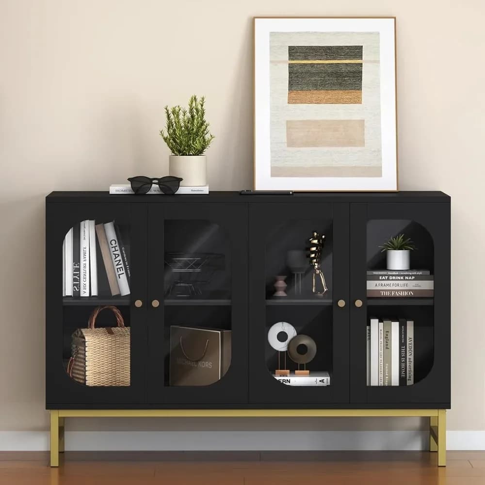 Buffet Cabinet with Storage Modern Storage Cabinets with Glass Doors and Adjustable Shelves Accent Wood Credenza for Living Room