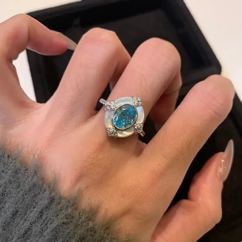 Light Luxury Blue Aquamarine gemstone Oval White Fritillaria rings for women vintage Palace Style Ring Fashion Wedding Jewelry