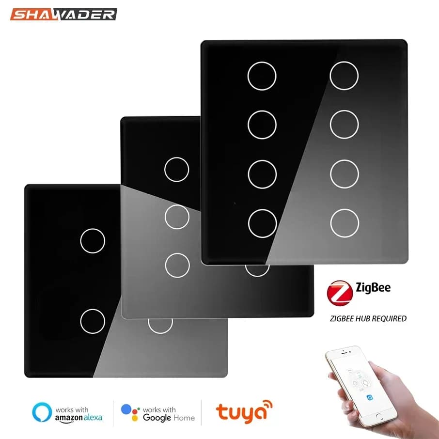 Shawader Light Switch Zigbee Repeater 4x4 Brazil Touch Sensor Glass Panel Tuya Smart 4/6/8 Gang Remote by Alexa Dot Google Home
