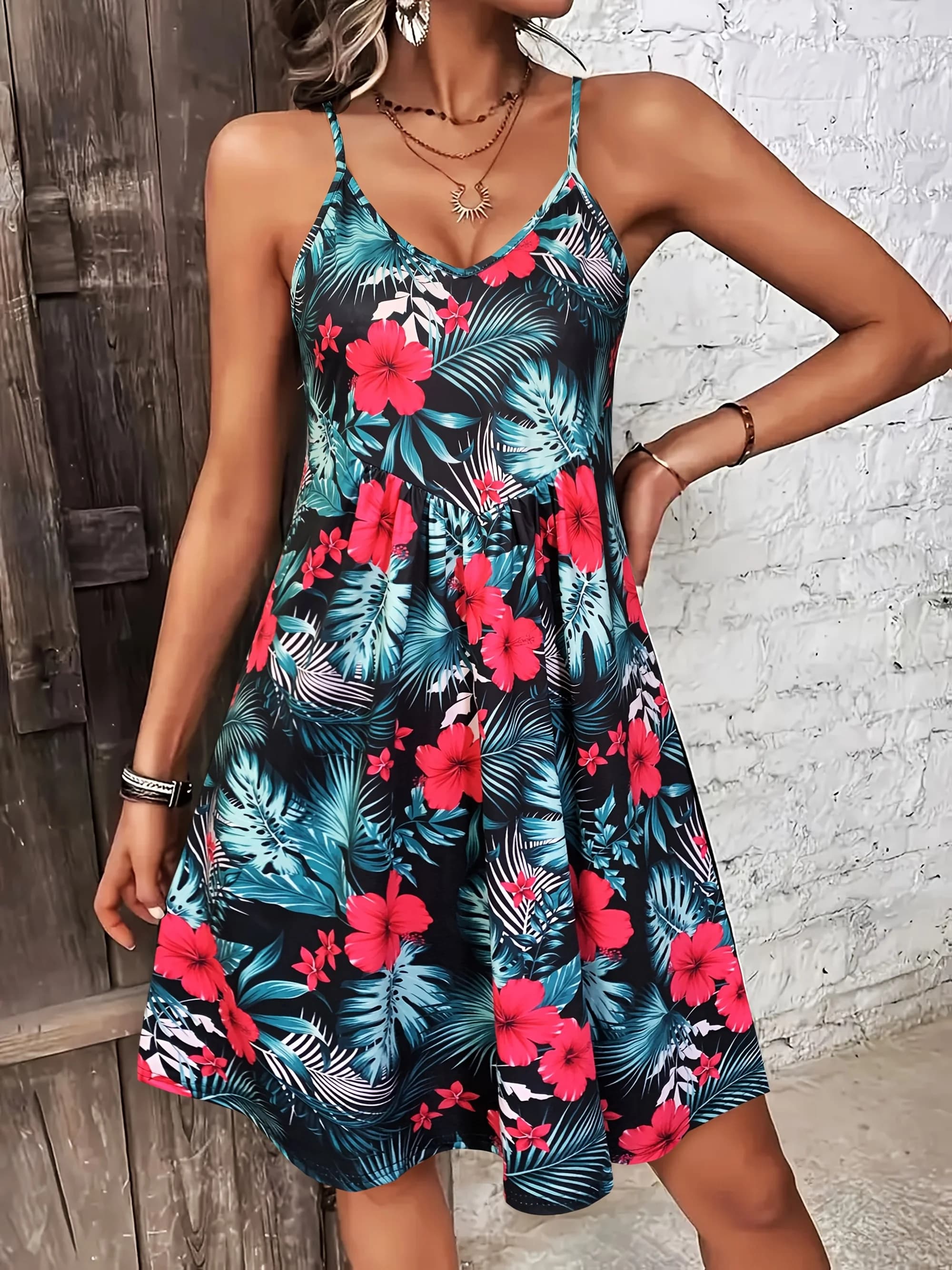 Summer Vacation Style Print V-Neck Spaghetti Strap Dress，Camisole Dress for vacation outfits,bohemia dresses for women summer