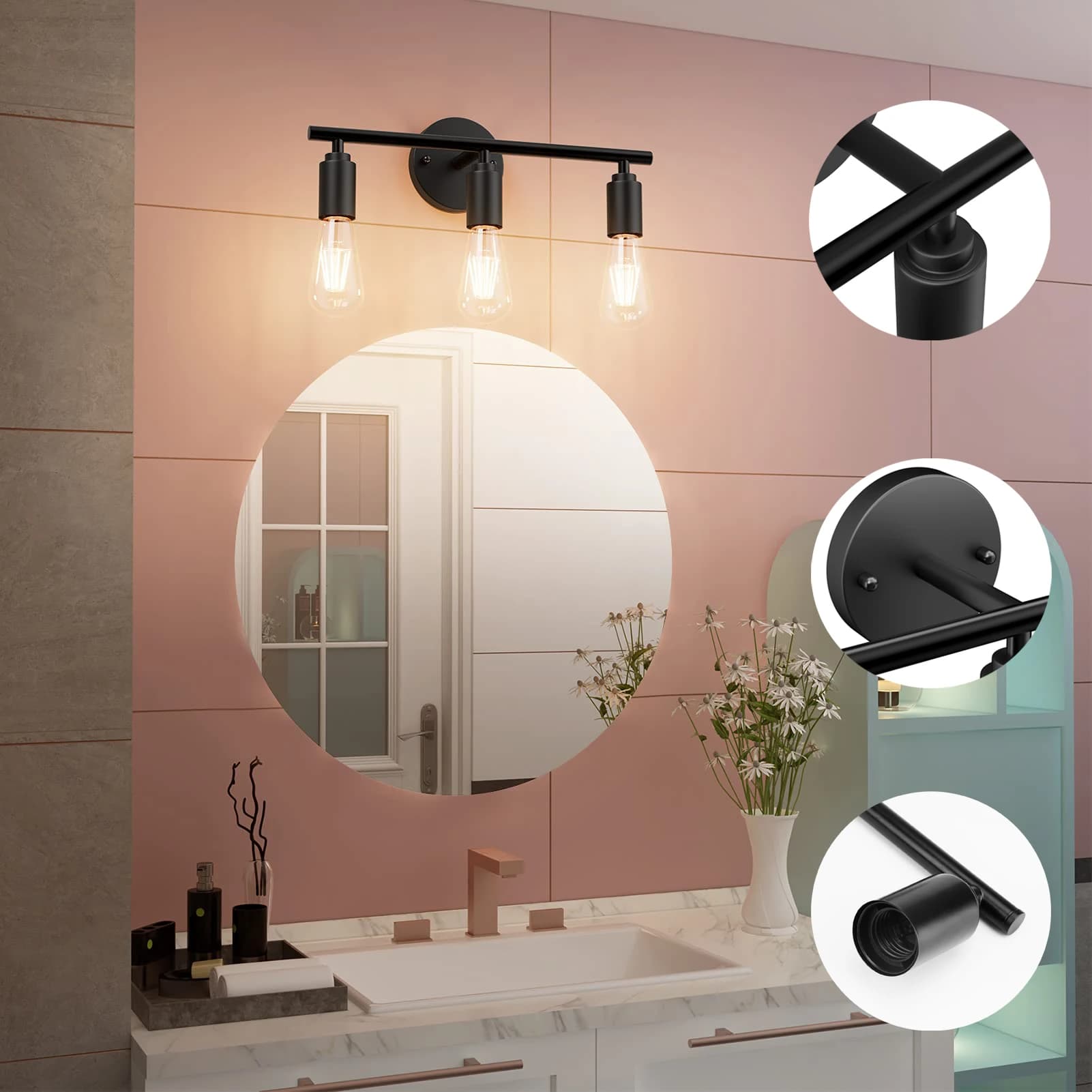 3 Heads Vintage Wall Lamp Bathroom Mirror Lamp Black Metal E26 E27 Modern Wall Light Indoor Aisle Hallway Living Room Bedroom De