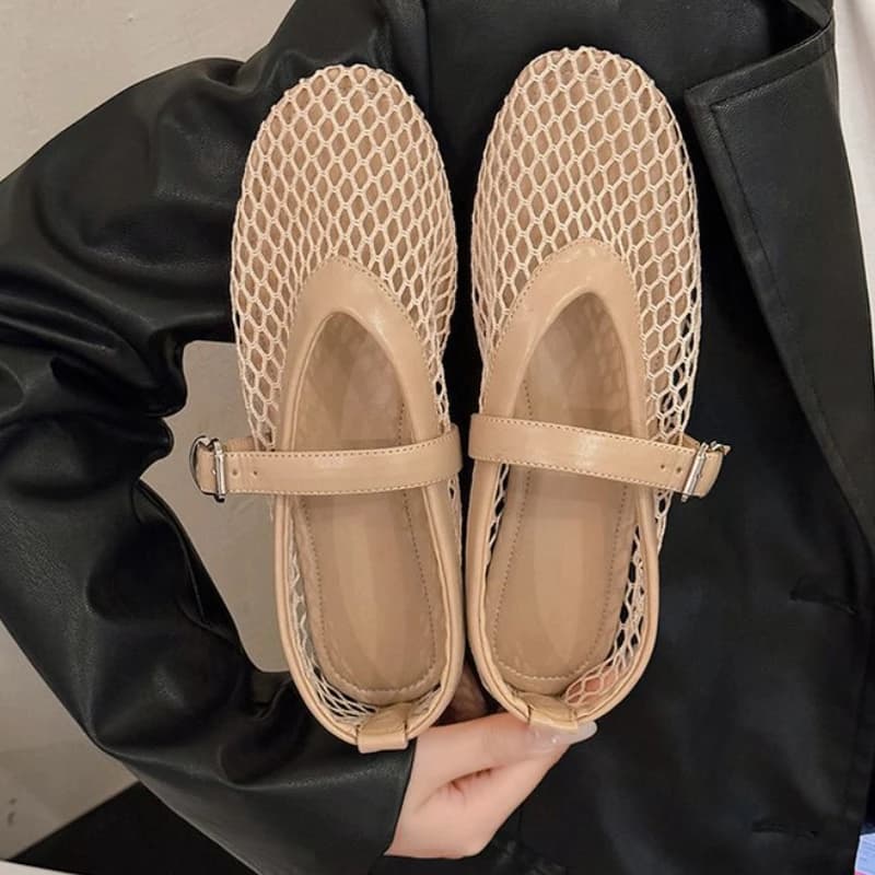 Fishnet Ballet Flats Woman Chic Brand Design Hollow Out Lace Mary Jane Shoes Ladies Summer Sandals Breathable Mesh Zapatos