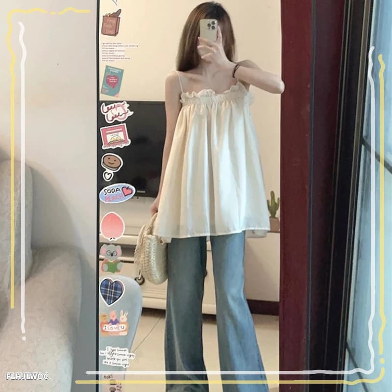 Sensual Suspender Tube Top Blouse 2023 Japan Style Girls Women Preppy Design Sexy Off Shoulder Sleeveless Tunic Long Tank Camis