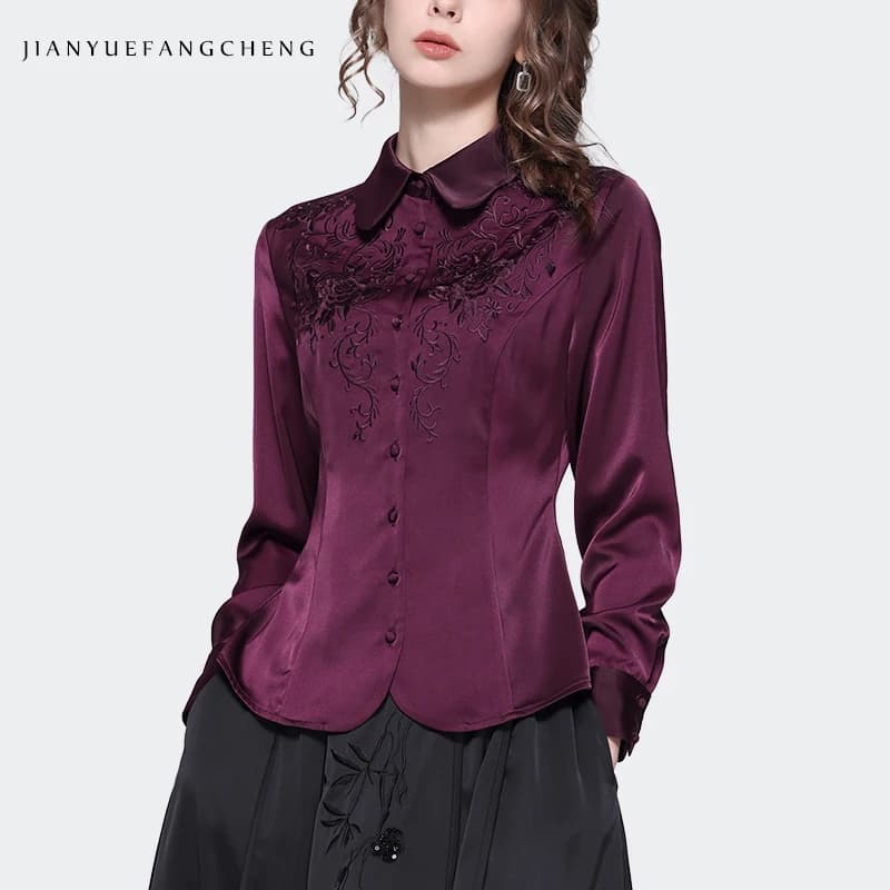 Vintage Embroidered Women Purple Satin Blouse Long Sleeve Turn-down Collar Button-down Shirt Elegant Slim Casual Female Tops
