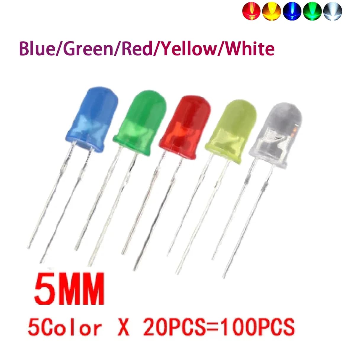 100pcs 5mm LED Light White Yellow Red Green Blue Assorted Kit DIY LEDs Set Electronic DIY Kit