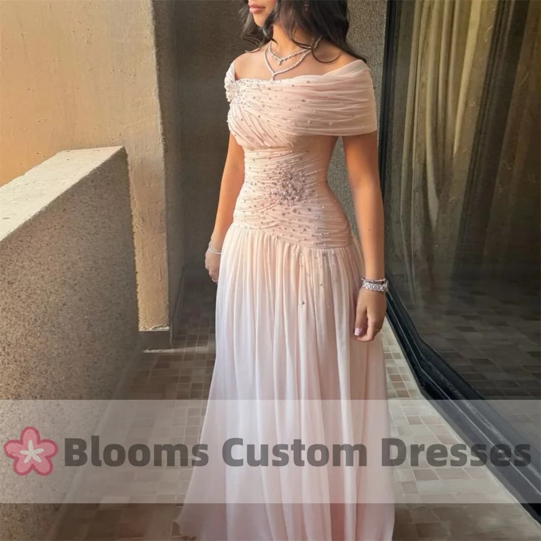 Blooms Off Shoulder Chiffon Beadings Customized Prom Dress Formal Occasion Pleated Party Sleeveless Back Zipper Evening Dresses