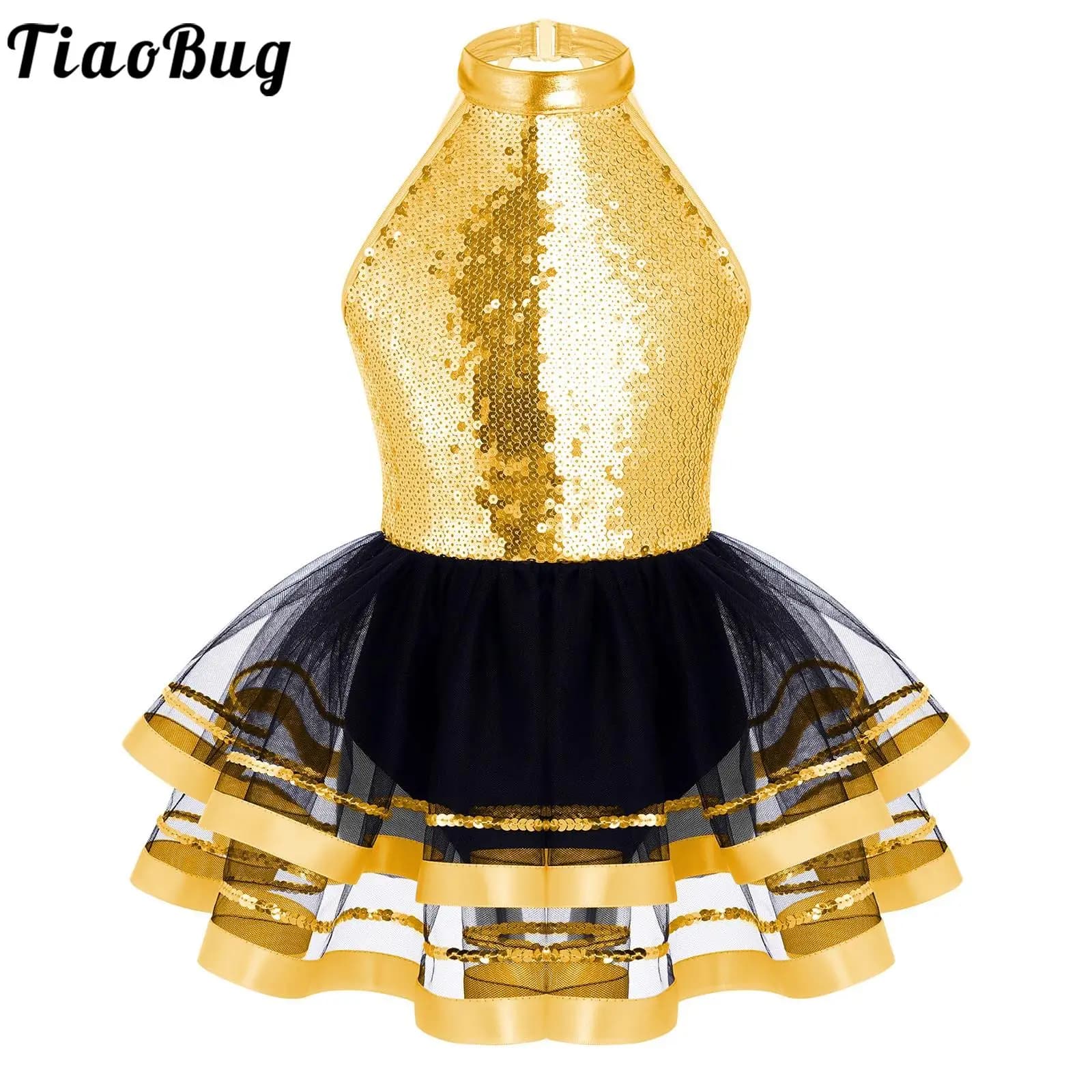 Kids Girls Sequins Halter Ballet Dance Tutu Dress Gymnastics Leotard Modern Latin Jazz Figure Skating Stage Performance Costume