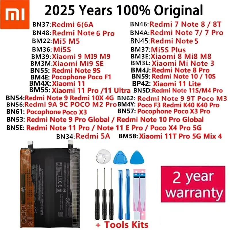 For Xiaomi Redmi Note Mi K40 5 5A 5S 6 6A 7 8 8T 9 9A 9C 9S 9T 10 10S 10X 11 11S 11T SE Poco F1 M2 M3 F3 X3 4X Plus Pro Battery