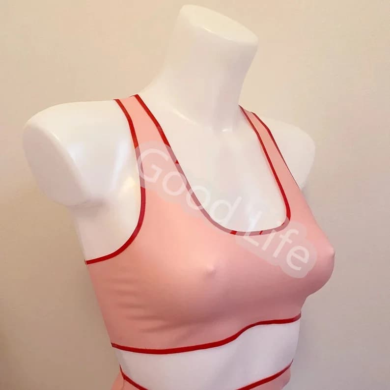 Handmade Sexy Latex Crop Top Pink With Red Trim Latex  Soft Bra Latex Sports Style Bralet Wth Contrast Trim