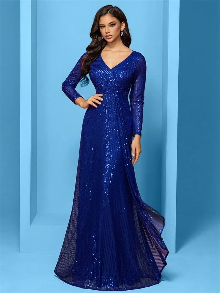 Luxury Blue Evening Dresses Women Elegant 2025 Long Sleeve Mermaid Formal Sequins Prom Wedding Party Cocktail Graduation Gowns