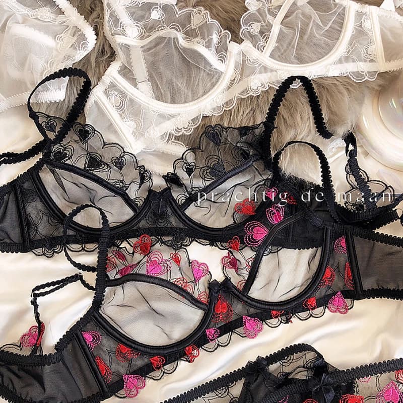 Women Lingerie Set Ultra Thin Lace Bra Set Sexy Transparent Underwear Romantic Embroidery Heart Brassiere Female French Bralette