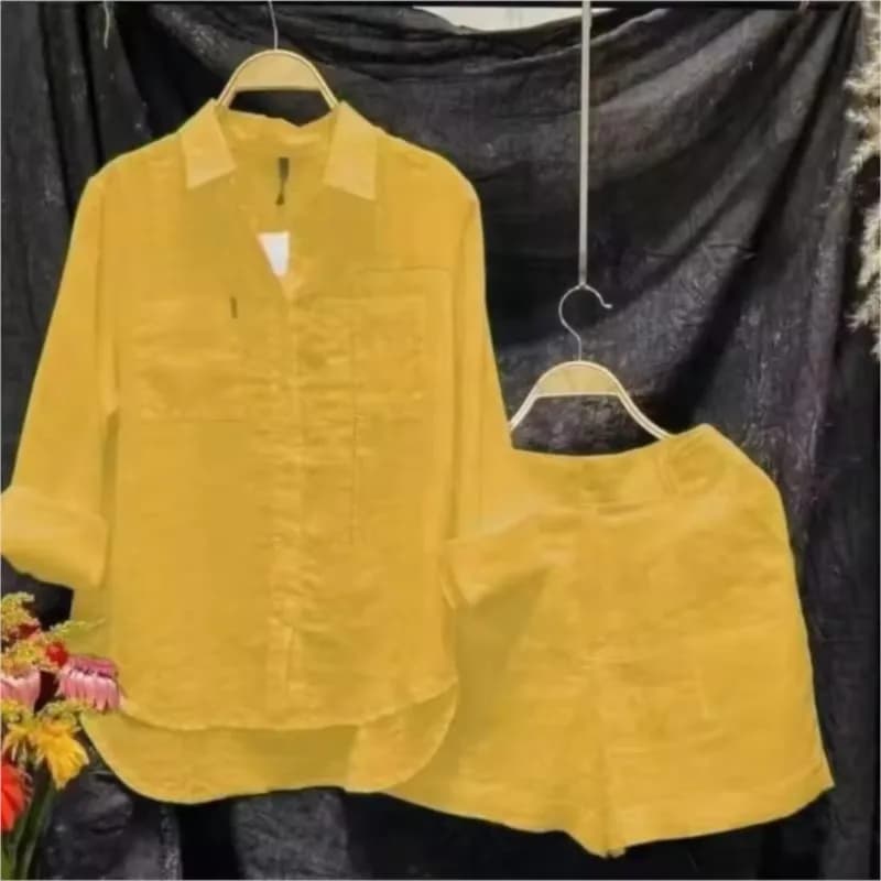 Spring Shirt Two Piece Set For Women Summer Shorts 2 Piece Sets Suits Solid Color Long Sleeve Shirt Short Casual Outfits Female