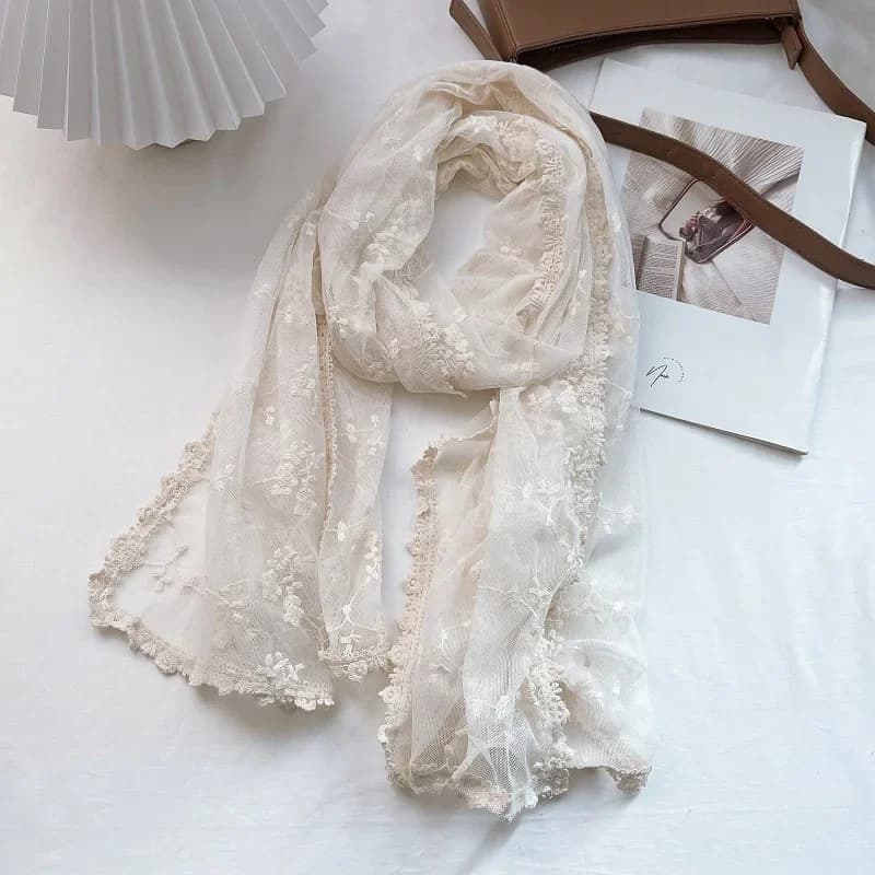 VREOVOR Vintage Hollow Lace Scarf Women's Shawl Silk Transparent White Gauze Embroidered Thin Cotton and Linen Spring and Autumn