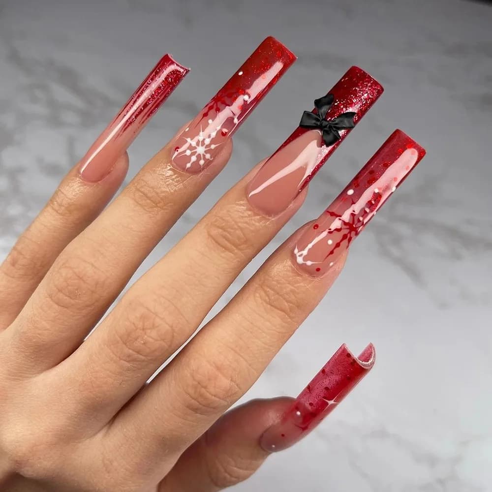 Glitter Red Gradient French Christmas Snowflake Bowknot Long Fake Nails Detachable Finished False Nails Press on Nails with Glue