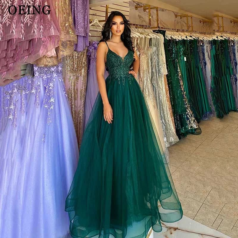 OEING Glitter Emerald Green Tulle Prom Dresses Lace Applique Straps V Neck Suspender Party Dress Women Evening Gowns Customized