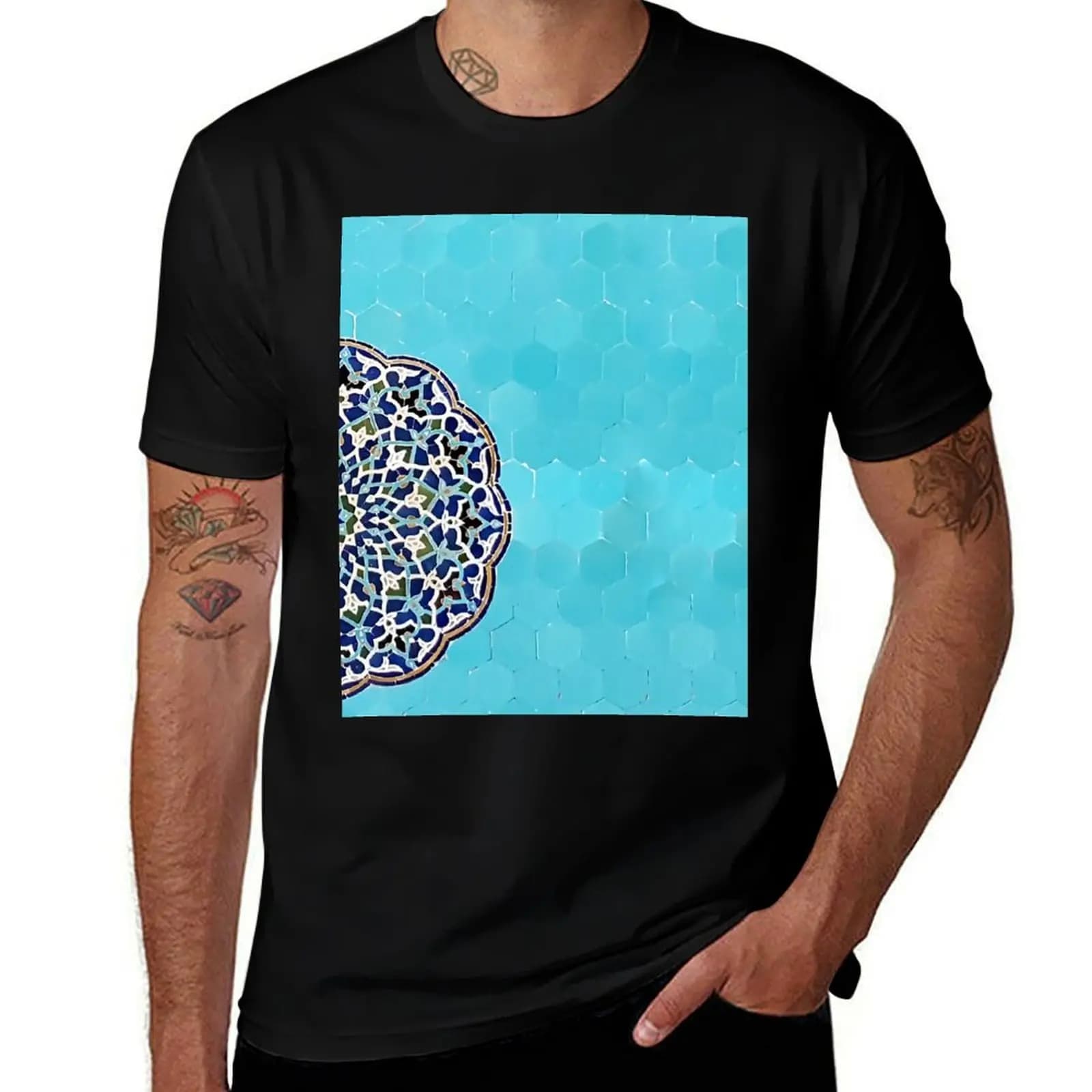 Persian turquoise tile pattern T-Shirt oversized Short sleeve tee graphic shirts t shirts for men