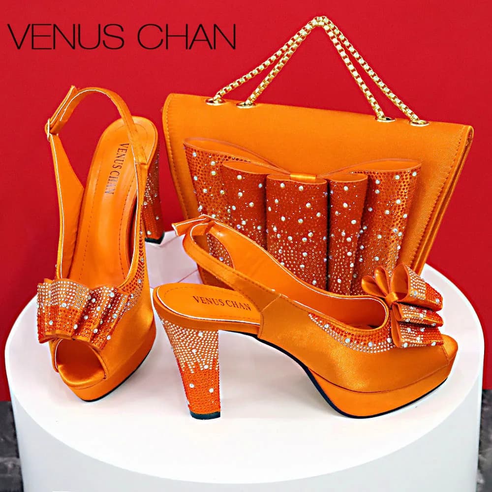 Big Sales Orange Color Peep Toe Comfortables Heels Slipper with Ctystal Bag For Nigerian Women Wedding Party Pump
