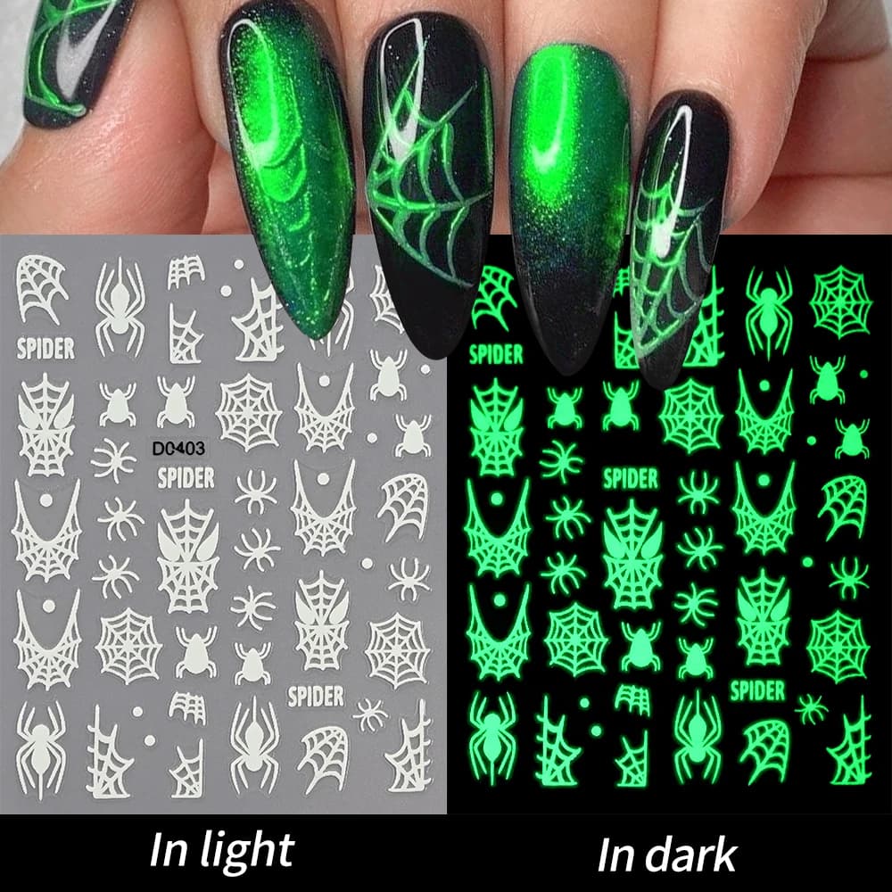 3D Halloween Ghost Luminous Nail Art Stickers Black Bat Spider Web Design Nail Adhesive Decals Glow in Dark Decoration Stickers