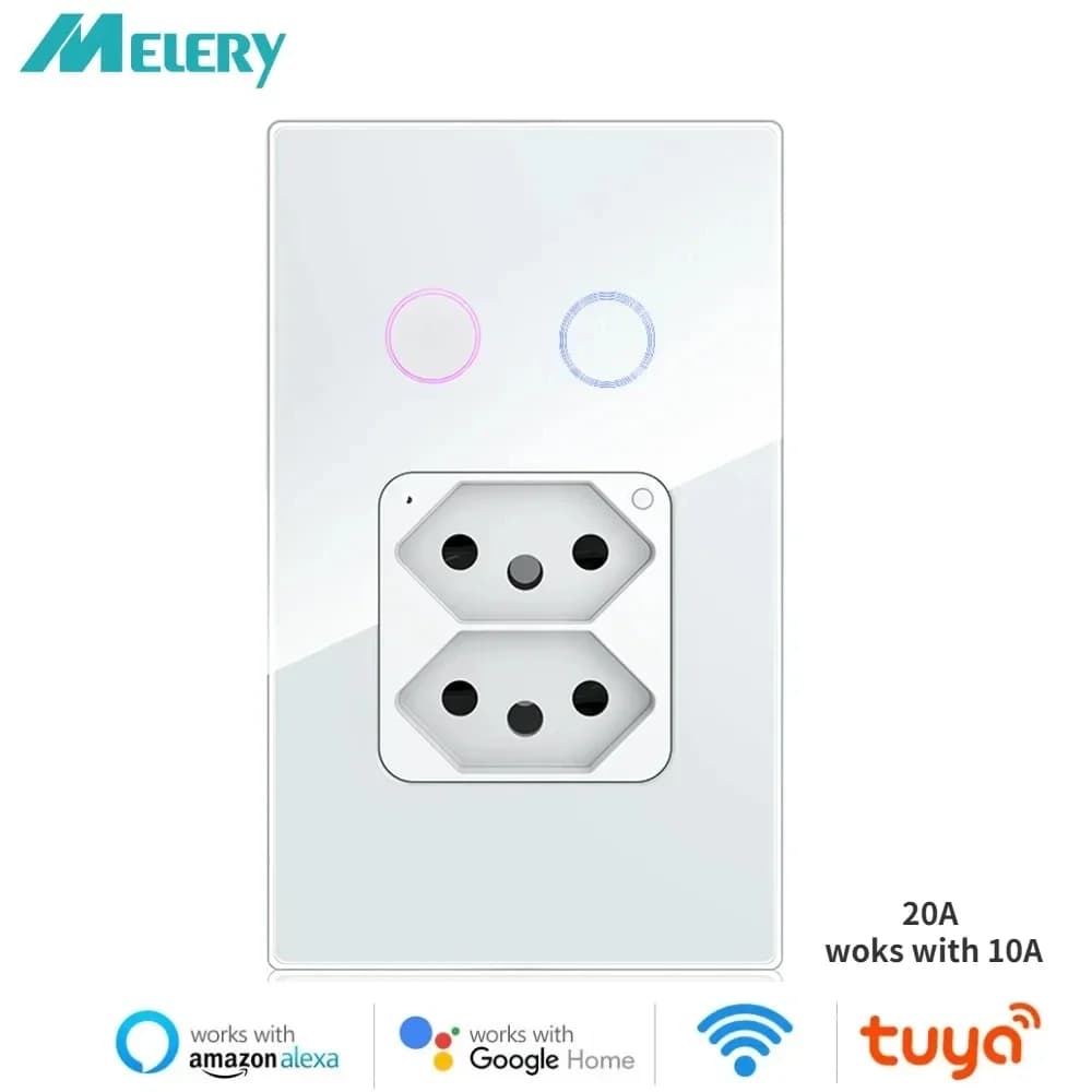 Melery Tuya Brazil Light Switch Wifi Smart Dual Wall Socket 20A Plug Outlet Touch Sensor Glass Panel Remote by Alexa Google Home