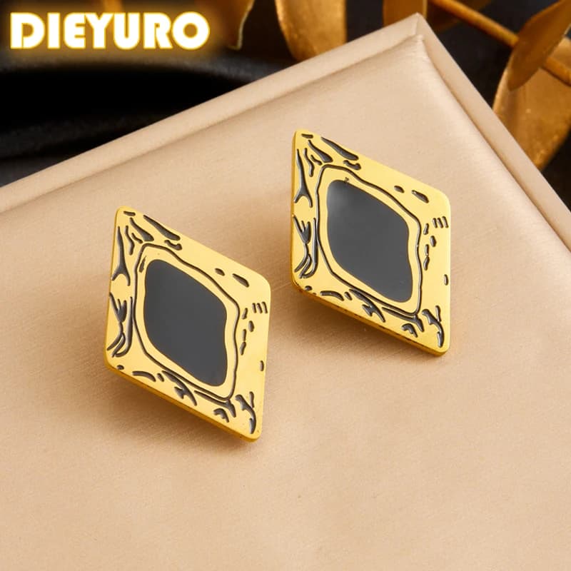 DIEYURO 316L Stainless Steel Black Droplet Oil Rhombus Pattern Earrings Womens Fashion New Current Ear Jewelry Lady Gift Party