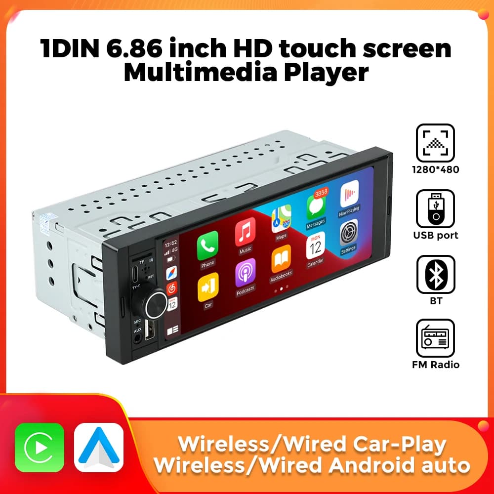 1Din Wireless CarPlay Android AUTO HD touch screen Universal 6.86'' Car Radio FM Stereo MP5 multimedia player BT TF port Camera