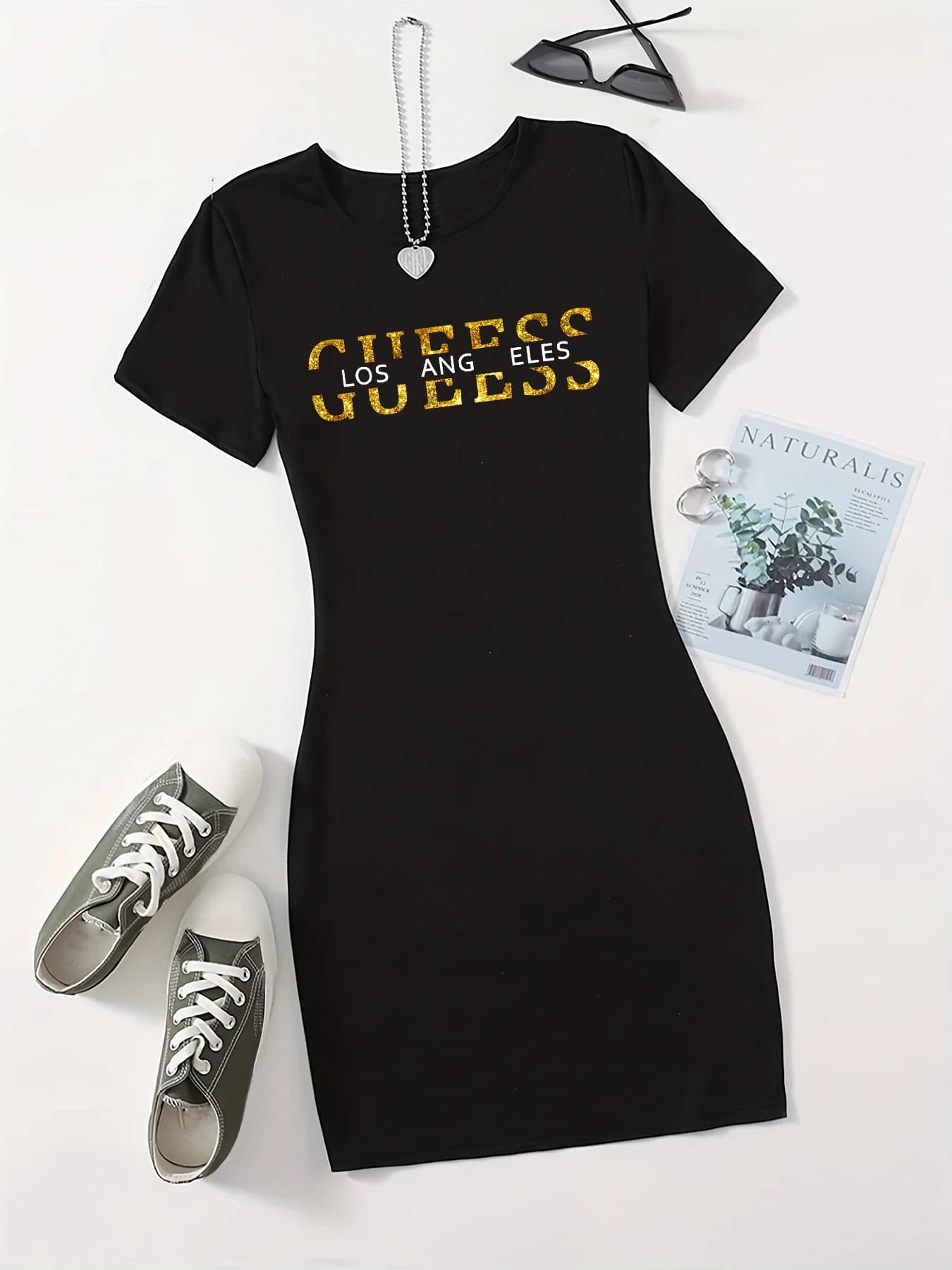 Summer Ladies GUEESS Los Angeles Printed Casual Sexy Slim Fit Hip hugging Short Sleeve Round Neck T-shirt Short Mini Skirt