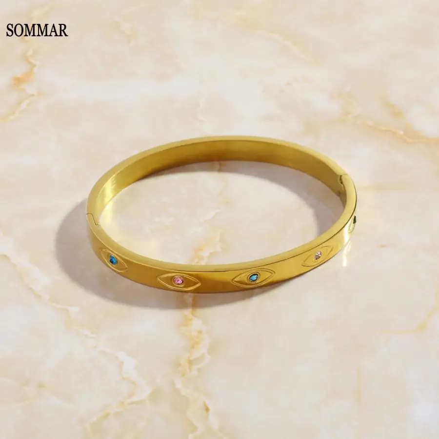 SOMMAR Fashion jewellery charms Gold Plated Girl bangles Colored Zircon 6mm Wide Bangle bracelet Women jewelry
