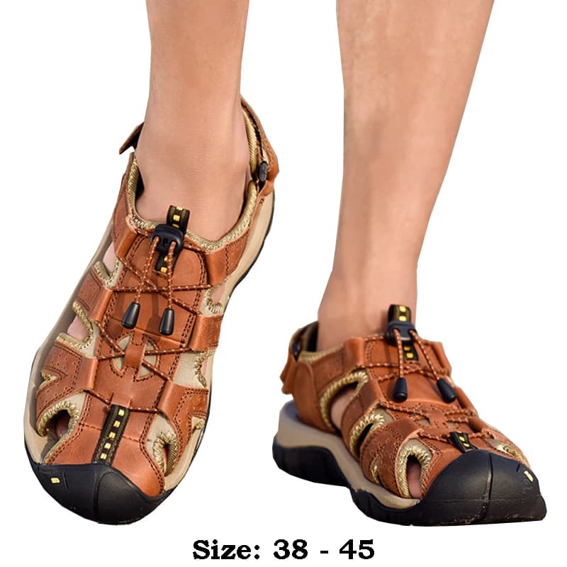 High quality leather flat sandals for men round toes new summer 2025 size 44 45 casual outdoor walking big size shoe blue brown