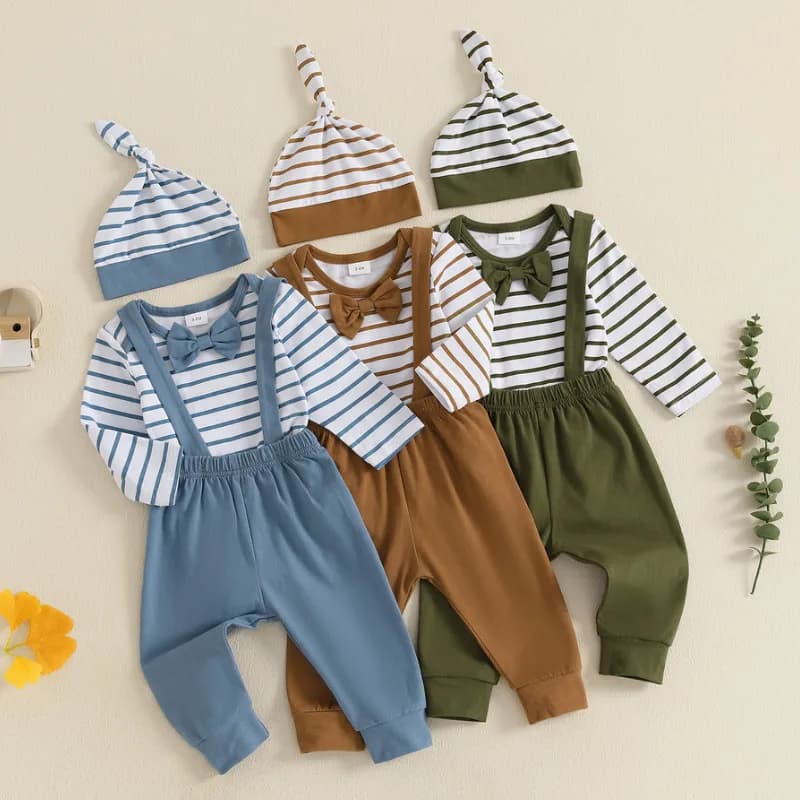 0 to 18 Months Baby Boy Gentleman Pant Sets Autumn Clothes Stripe Long Sleeve Bodysuit with Solid Suspender Pants Hat