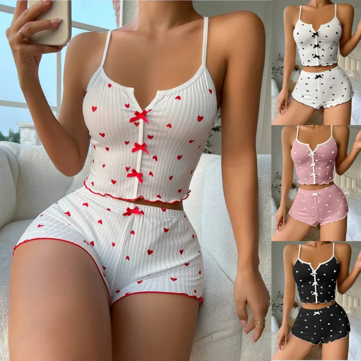 Pajama Suit Suspender Shorts Sexy Bow Print Milk Silk Suit Comfortable Home Wear Women's Pajama Suit