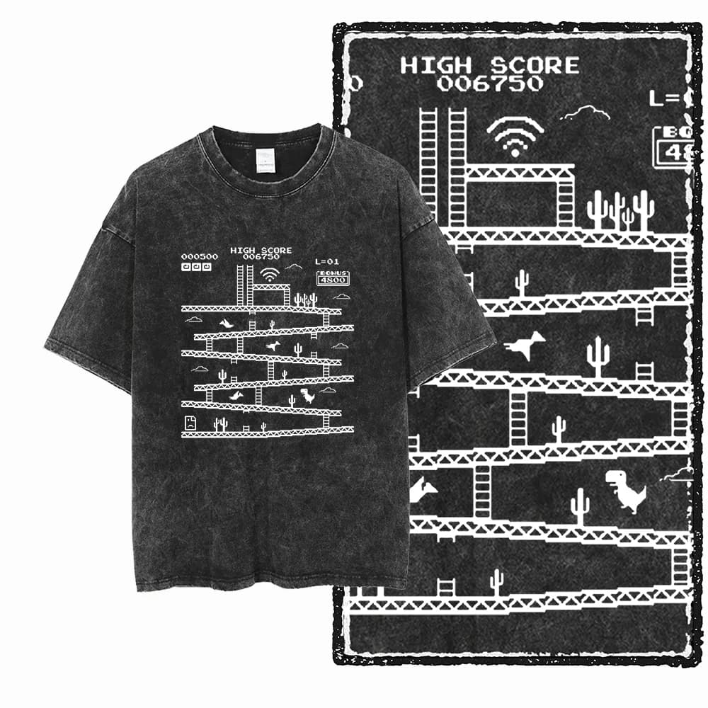 ZH DINO GAME THEME Printed Cotton Acid Washed Exclusive Graphic Unisex T Shirt Cool Streetwear Men Tshirts Big Size Tee for men