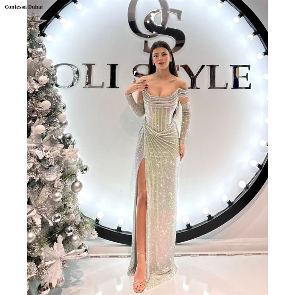 Contessa Dubai Silver Shiny Prom Dresses With Sleeve Off Shoulder Vestidos de noche Side High Split Formal evening dresses 2025