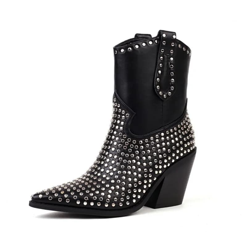 Brand Rhinestone/Rivet Color Blocking Western Short Boots Autumn Winter New 8cm Thick Heel Black Chelsea Women Boots Size 34-43