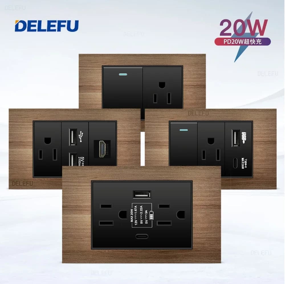 DELEFU Aluminum Like Wood USb Type C US Standard Outlet Mexico America Plug 118*72mm Wall Power Socket Light Switch Fast Charge