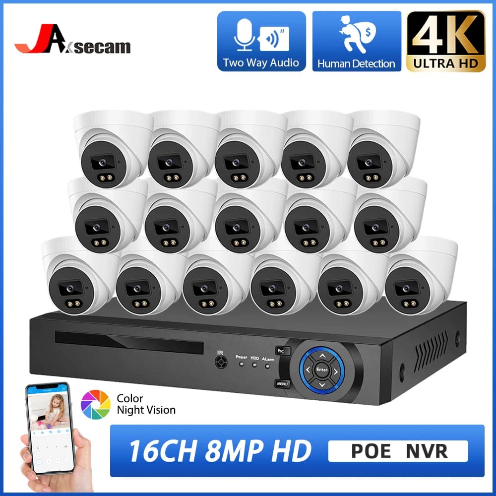 4K POE Security Camera System 16CH NVR Kit 8MP Dome Camera Ai Human Detect Outdoor 8MP Two Way Audio 8CH Video Surveillance Set
