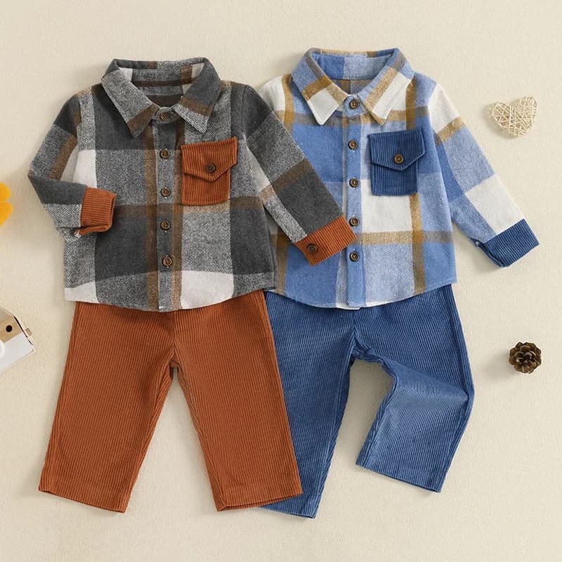 1-5 Years Baby Boy Fall Outfits Classic Long Sleeve Plaid Print Jacket Elastic Waist Corduroy Pants Set Kid Casual Clothes