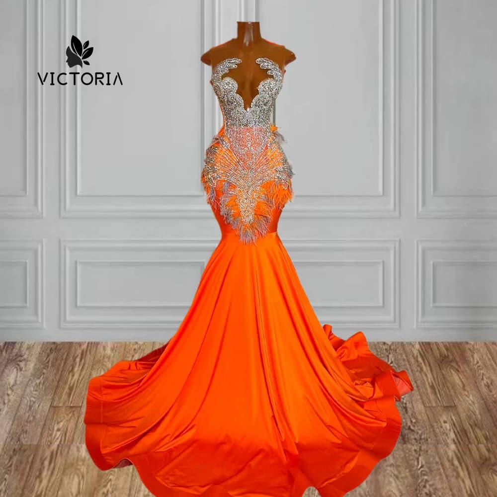 Orange Fitted Mermaid Prom Dress 2024 Silver Beaded Rhinestone African Black Girls Satin Luxury Prom Gala Gowns Customized