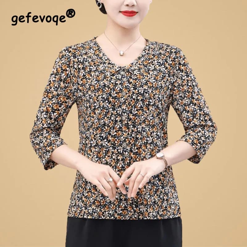 Vintage Plus Size Floral Printing Women's Clothing Summer V-neck Loose Fashion Comfortable Tops Women Half Sleeve T-shirt