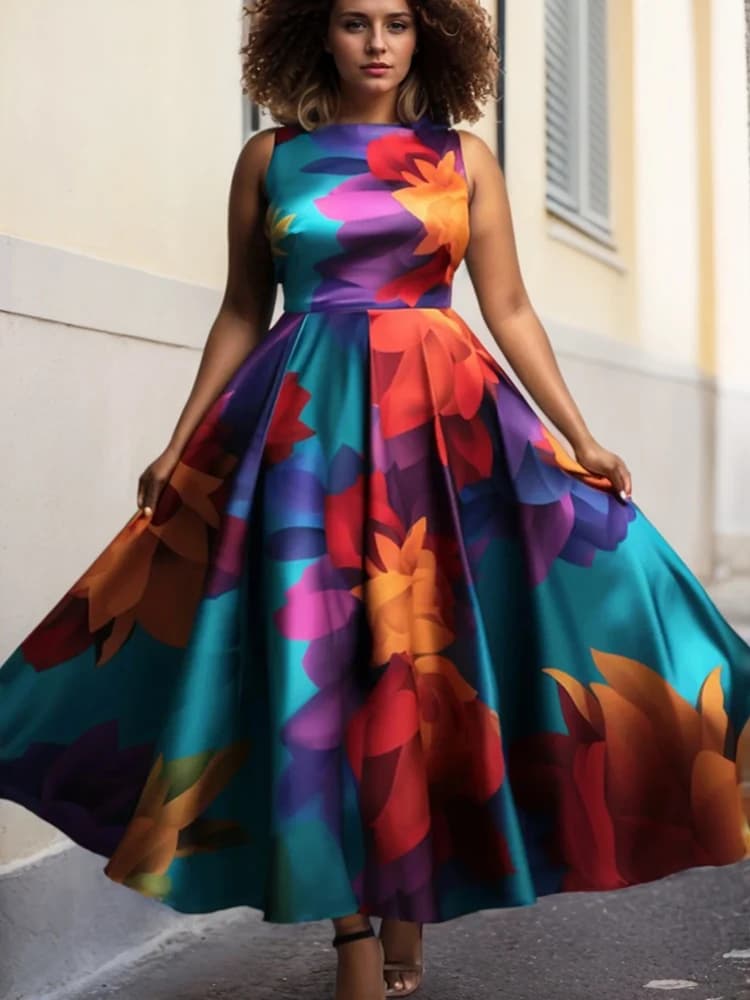 Floral Printed Tank Dress for Women Round Neck Pleated A-Line Vintage Casual Elegant Ethnic Sleeveless Summer Female Long Dress