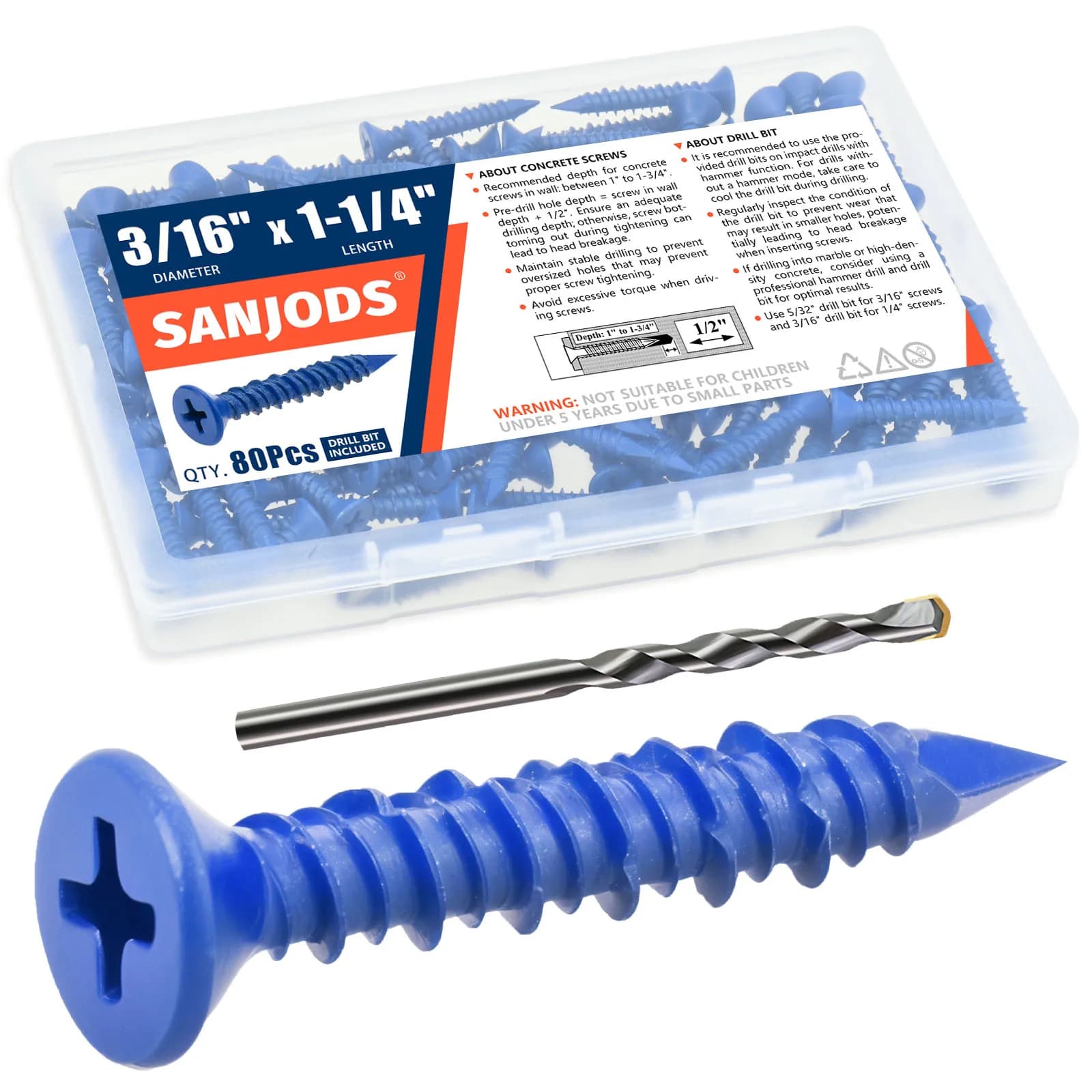 3/16" or 1/4" Concrete Screw Anchor Blue Flat Head Screws for Masonry Brick Block Cement Stucco (Boxed with Drill Bit)