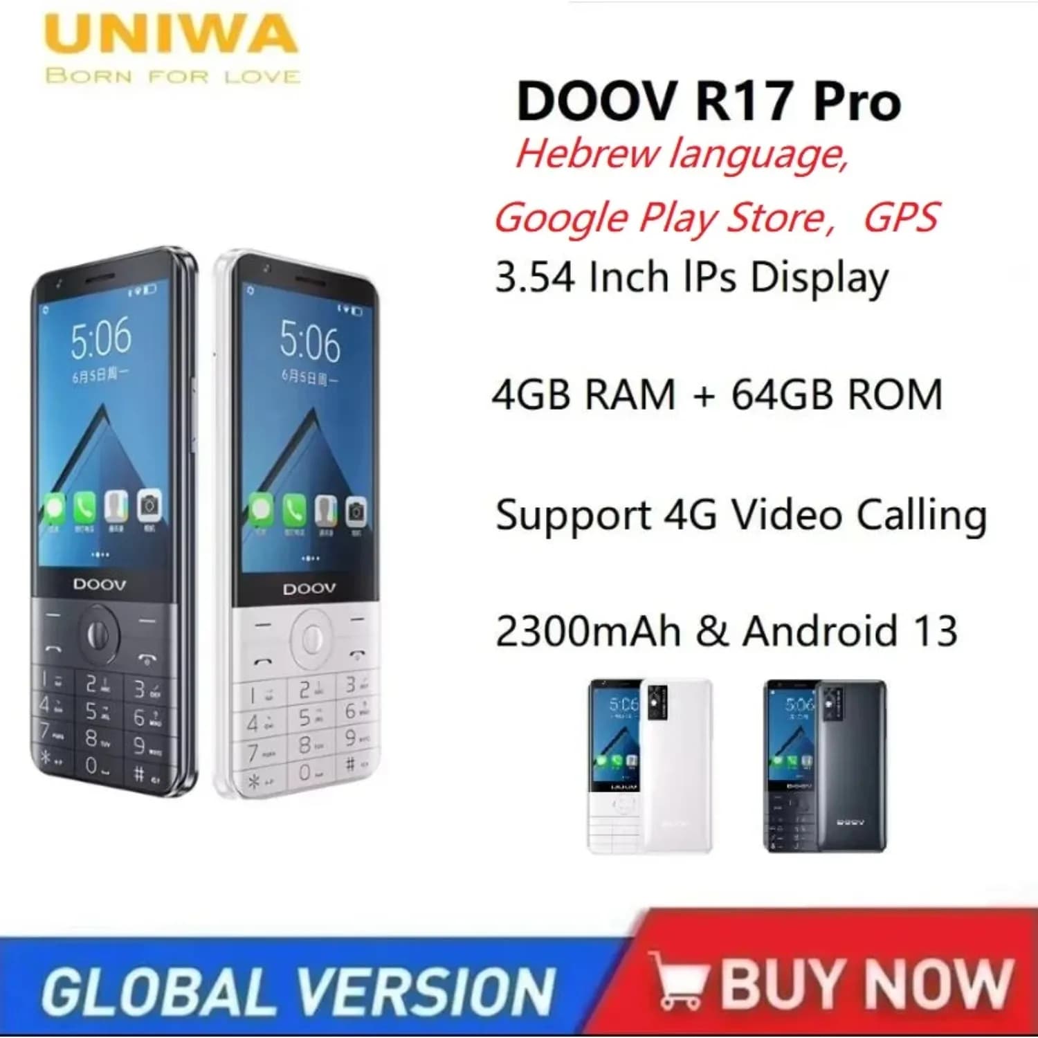 UNIWA DOOV R17 Pro 4G Mobile Phone Smart Touch Screen Whatsapp Android 13 Keypad Phones 3.54" 4GB 64GB 2300mAh Cellphone
