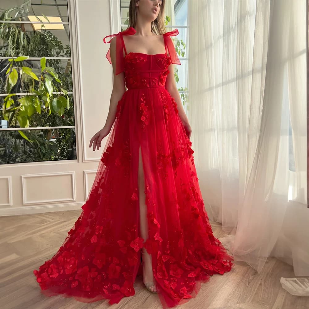 Elegant Floral Applique Spaghetti Straps Square Pleated Prom Dress for Women Lace up Side Split A-line Court Prom Gown 2024