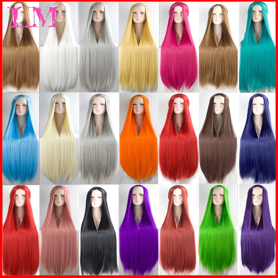 100CM Cos Wig Blonde Blue Red Pink Grey Purple Hair for Party Long Straight Synthetic cosplay Wigs for Women Hair Wigs