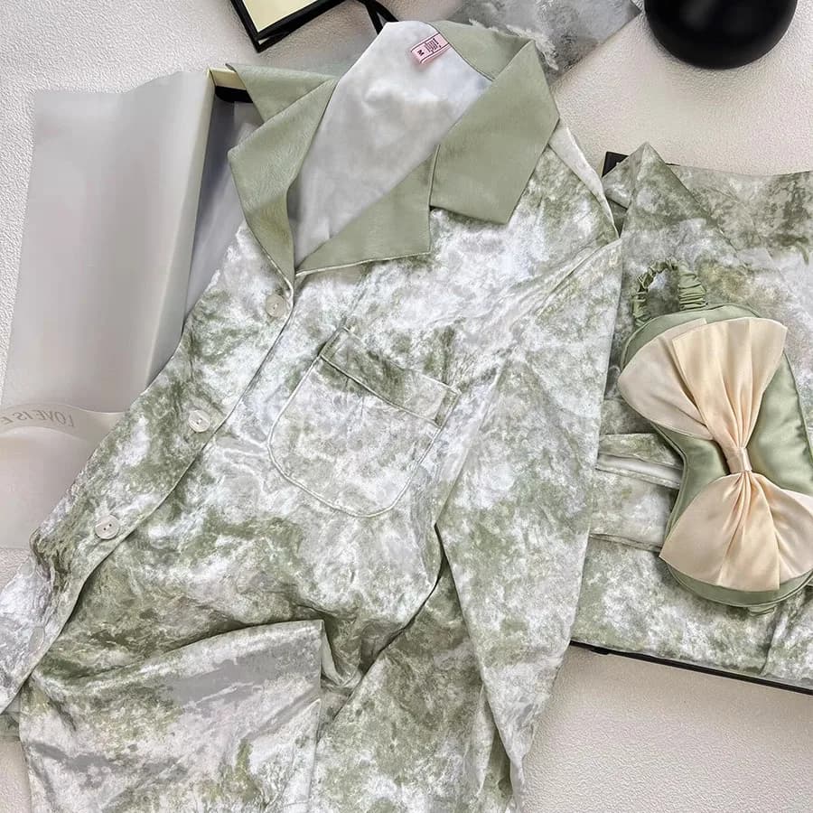 Velvet Female 2PCS Pajamas Set Fashion Green Print Sleepwear Trouser Suits Lingerie Autumn Winter Casual Velour Homewear Pyjama