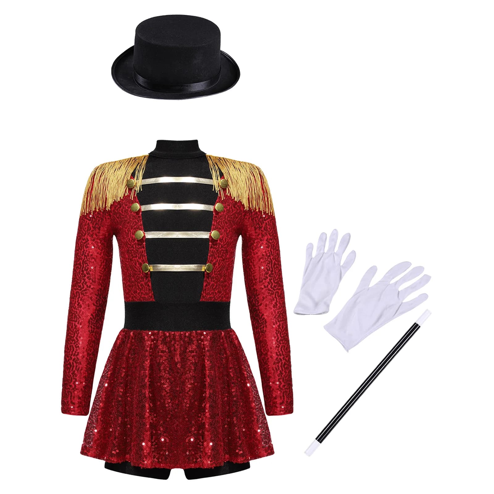 Girls Circus Performance Costume Halloween Ringmaster Jumpsuit Shiny Sequins Leotard Dress Outfit Magician Dress Up