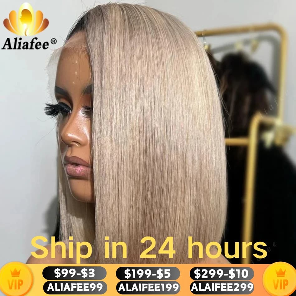 Ash Blonde Color Transparent 180% Density Full 13X4 Lace Frontal Wig Human Hair Blonde Short Bob Human Hair Wig for Women