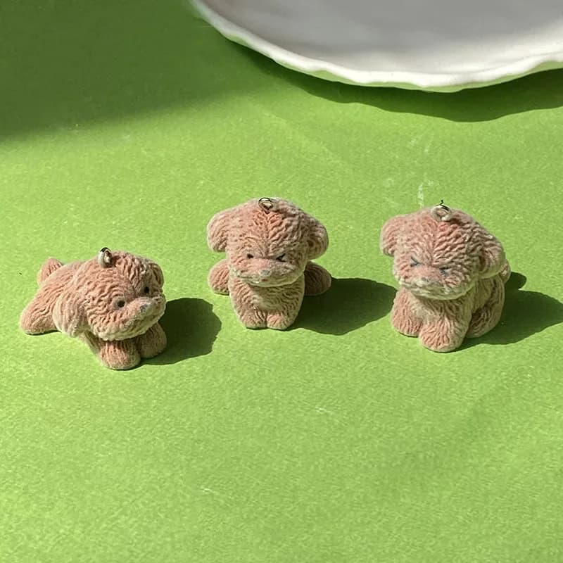 20Pcs 3D Flocking Brown Teddy Dog Charms Mini Cute Plush Animal Dog Resin Pendant For Keychain Earring DIY Crafts Jewelry Make