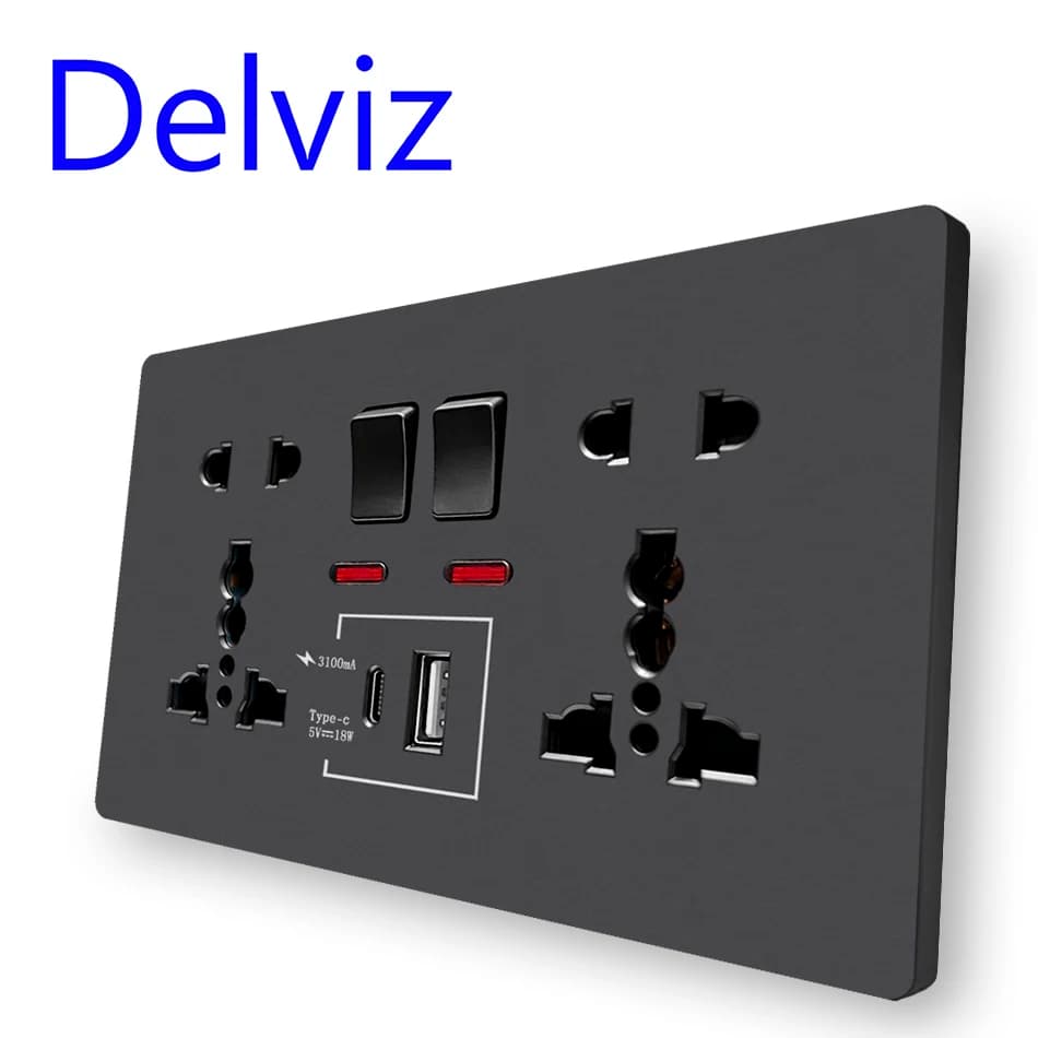 Delviz Wall Quick charge Socket, 18W Type-C Ports, Dual Switch control Universal Power outlet, UK Standard USB Interface Socket