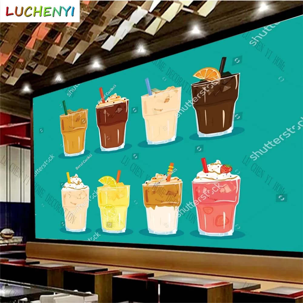 Custom bubble tea coffee ice cream soda mural wallpaper restaurant cold drinking shop dining room wall papers home decor sticker
