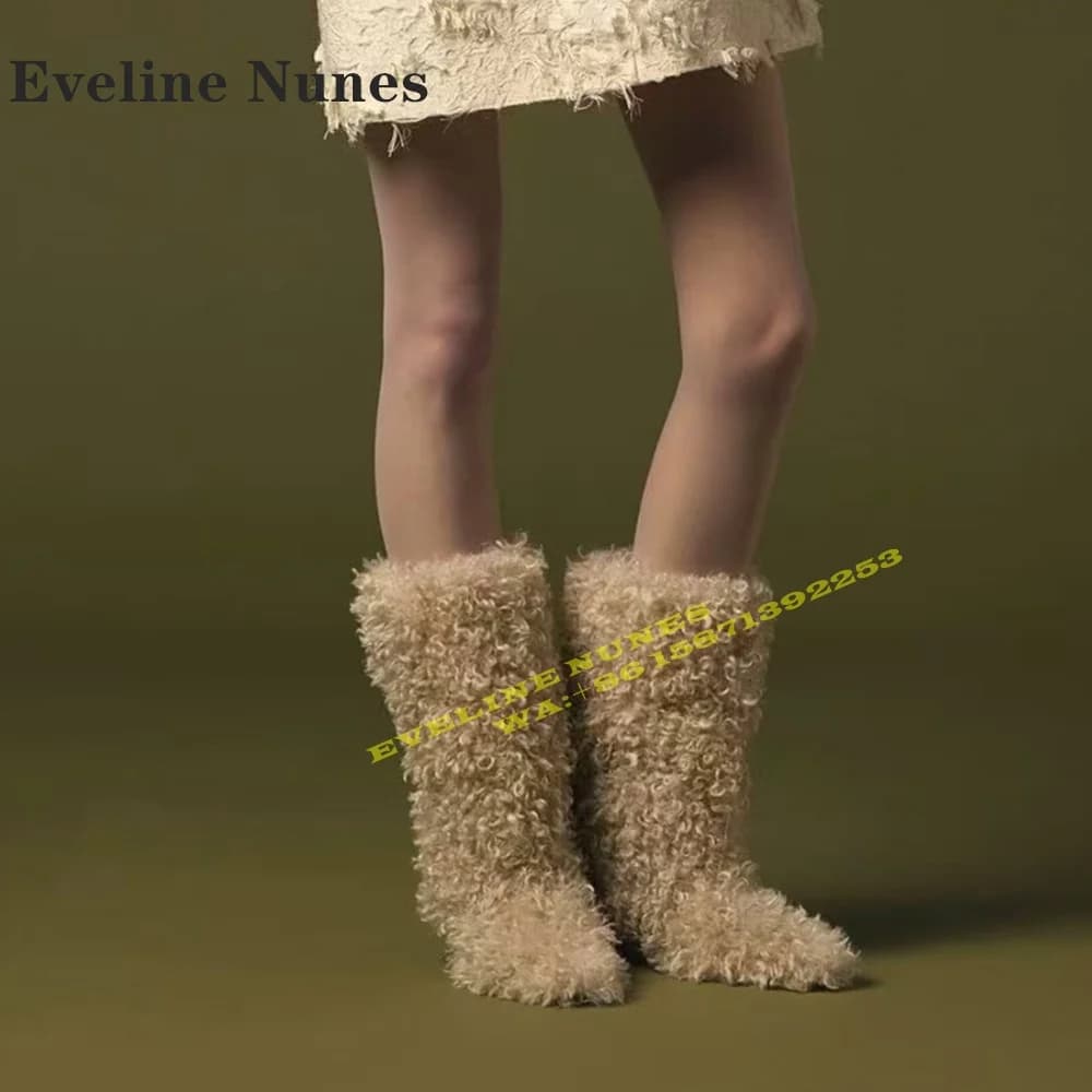 2024 Winter Furry Warm Mid-Calf Boots Pointed Toe Round Heels Pull On Casual Street Style Women Snow Boots Plus Size New Style